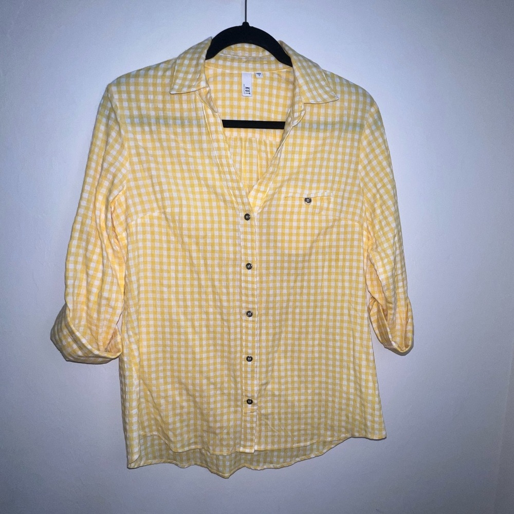 Kut From The Kloth Womens Shirt Size S Yellow Plaid Button Up Roll Tab Sleeve